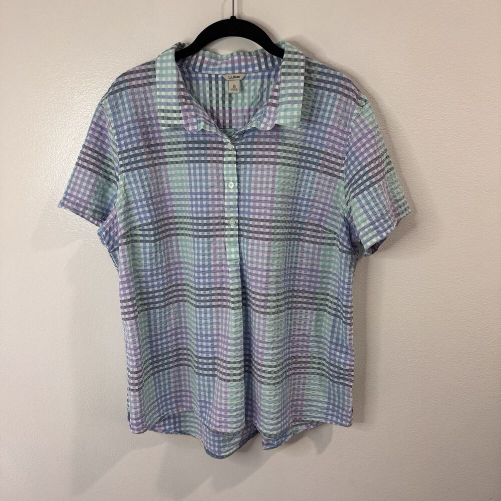 L.L. Bean T-shirt Blouse XL Pastel Gingham Check 100% Cotton Gauze Textured